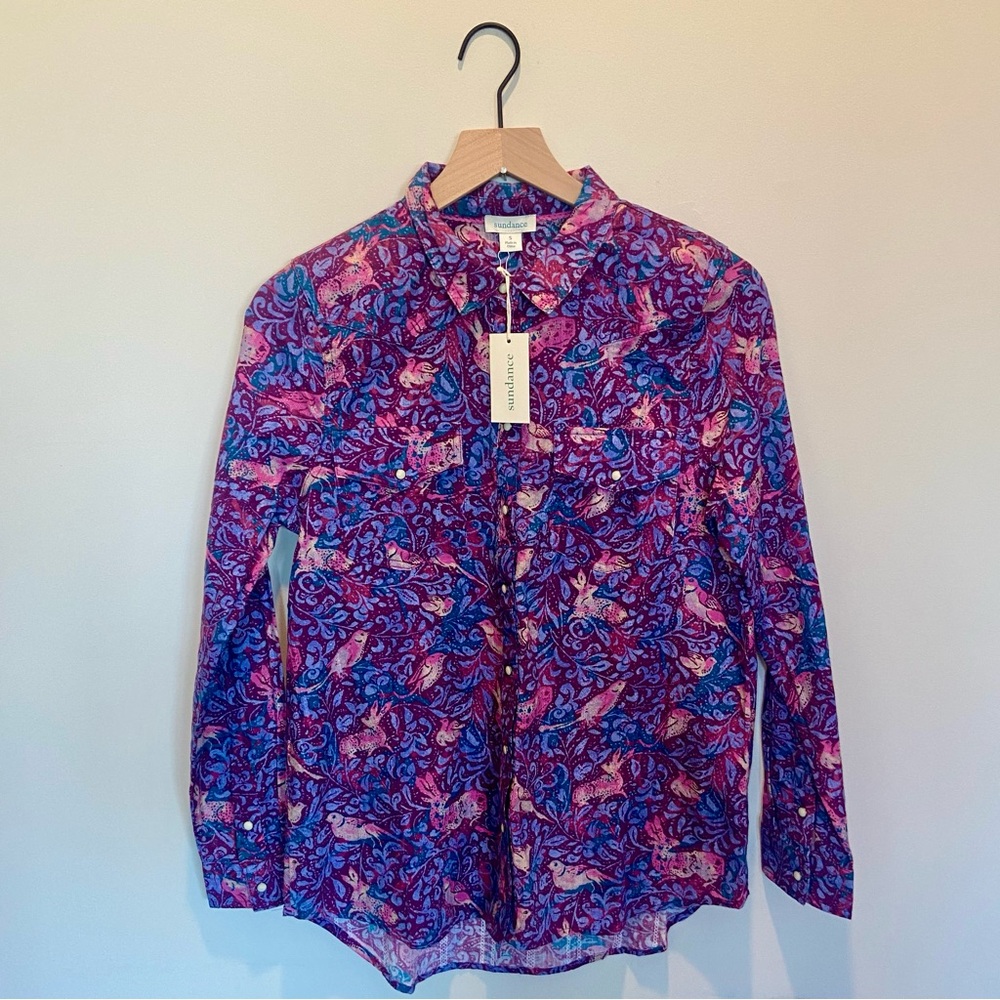 SUNDANCE Floral Button-Up Shirt Western Rabbit Bird Blue Purple Pink S NWT
